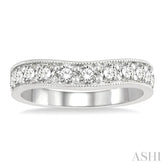 1 Ctw Curved Center Milgrain Border Round Cut Diamond Wedding Band in 14K White Gold